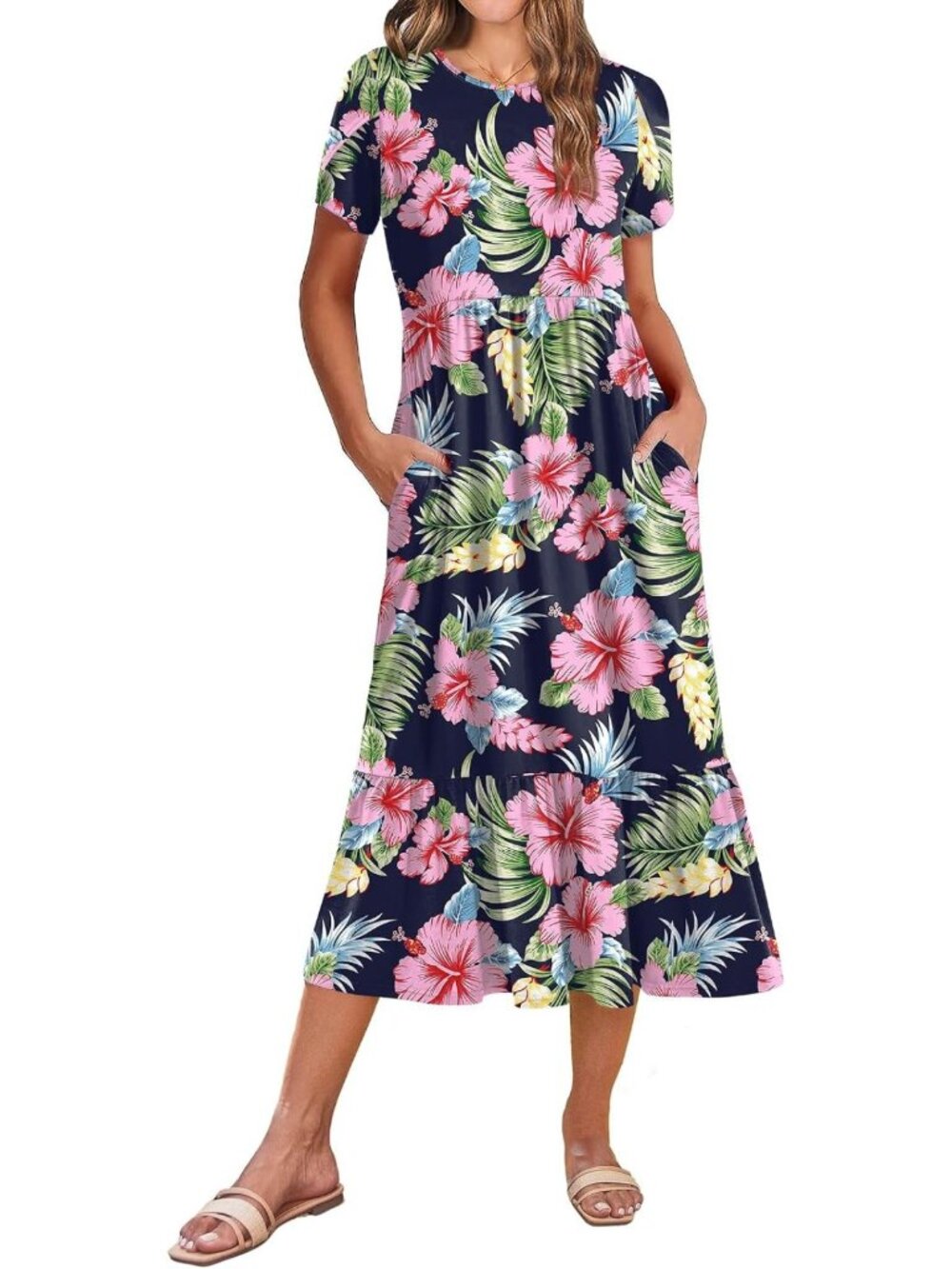Summer Midi A-Line Dress for Women | Casual Flowy Tiered Sundress with Pockets - Picture 7 of 7